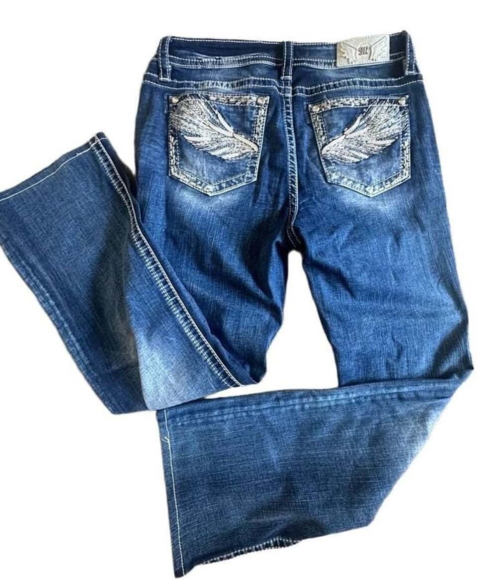 Miss Me Bootcut Jeans Size 32 Blue Embellished Wing Pockets